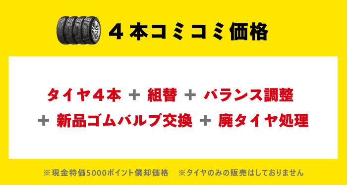 キタガタタイヤの４本コミコミ価格／タイヤ４本＋組替＋バランス調整＋新品ゴムバルブ＋廃タイヤ処理