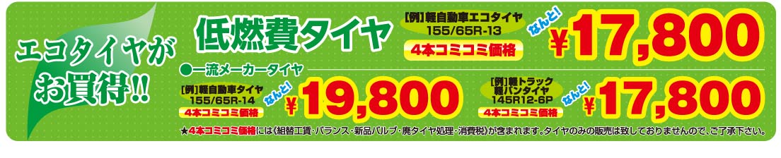 エコタイヤがお買い得!エコピア、エナセーブ国産メーカータイヤがお値打ちです。