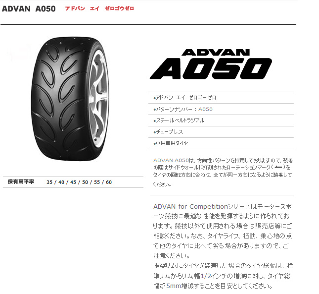 ヨコハマタイヤ アドバン A050 225/45ZR16  商品説明イメージ