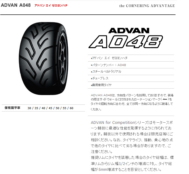 ヨコハマタイヤ アドバン A048 225/50R16 92W 商品説明イメージ